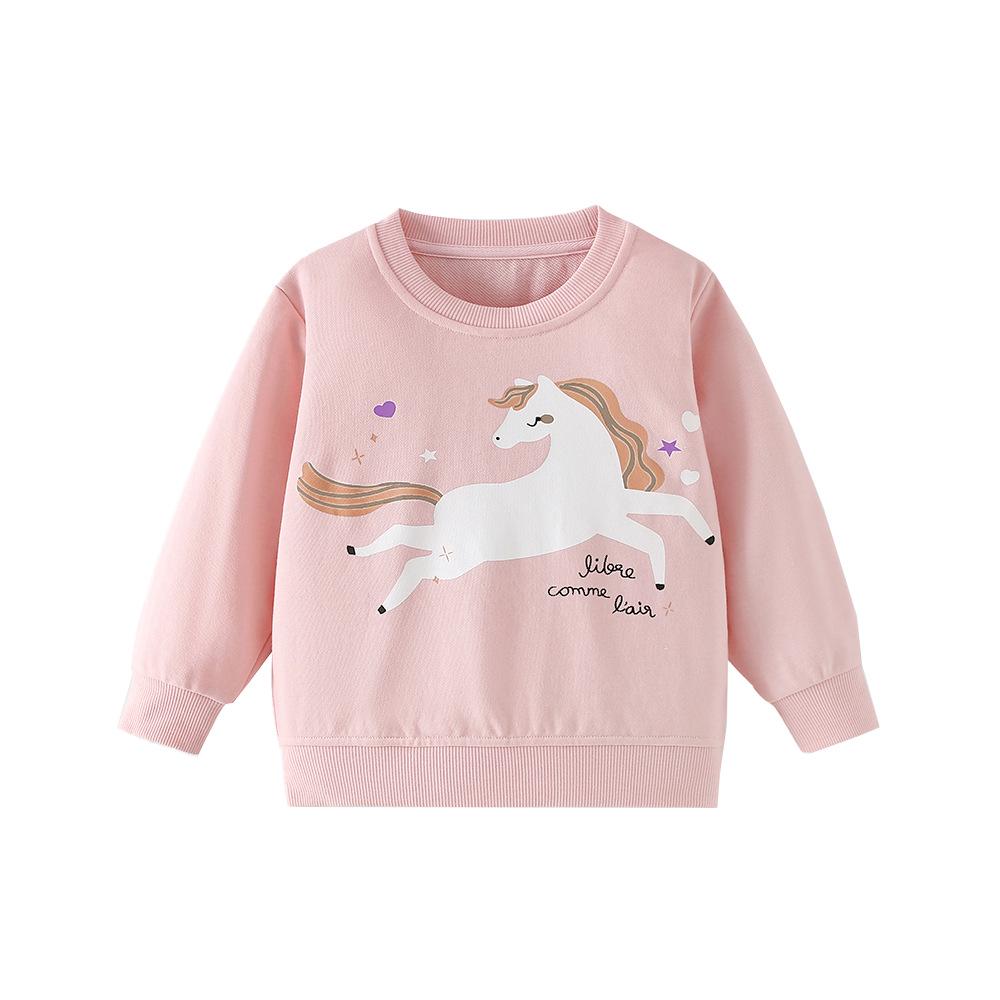 26th Season Autumn/Winter Girls' Cartoon Horse Print Round Neck Sweatshirt - Fashionable Children's Clothing