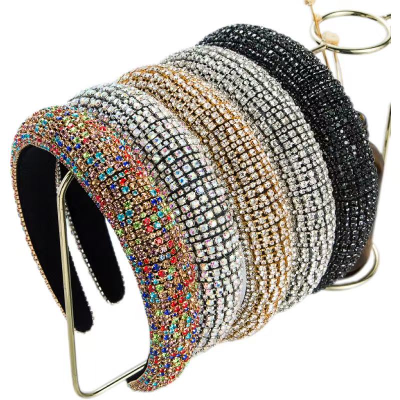 Mode Fait Main Perlé Femmes Bandeau Cheveux Cristal Diamant Baroque Épaissi Éponge Large Bord Fête Spectacle Bandeau Strass