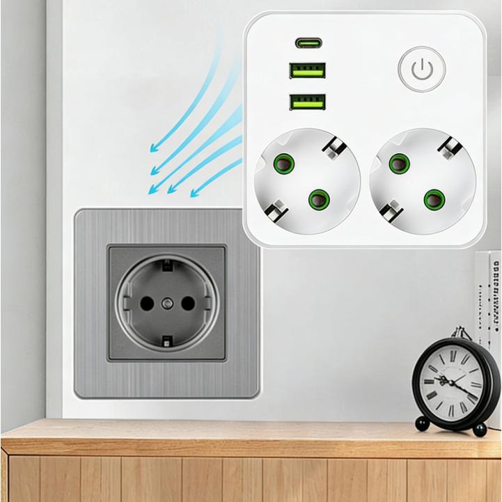 

European Standard Power Strip with Two Socket Outlets and USB Charging Ports USB-C and USB-A Multiple Device Charger with Power Switch One Size