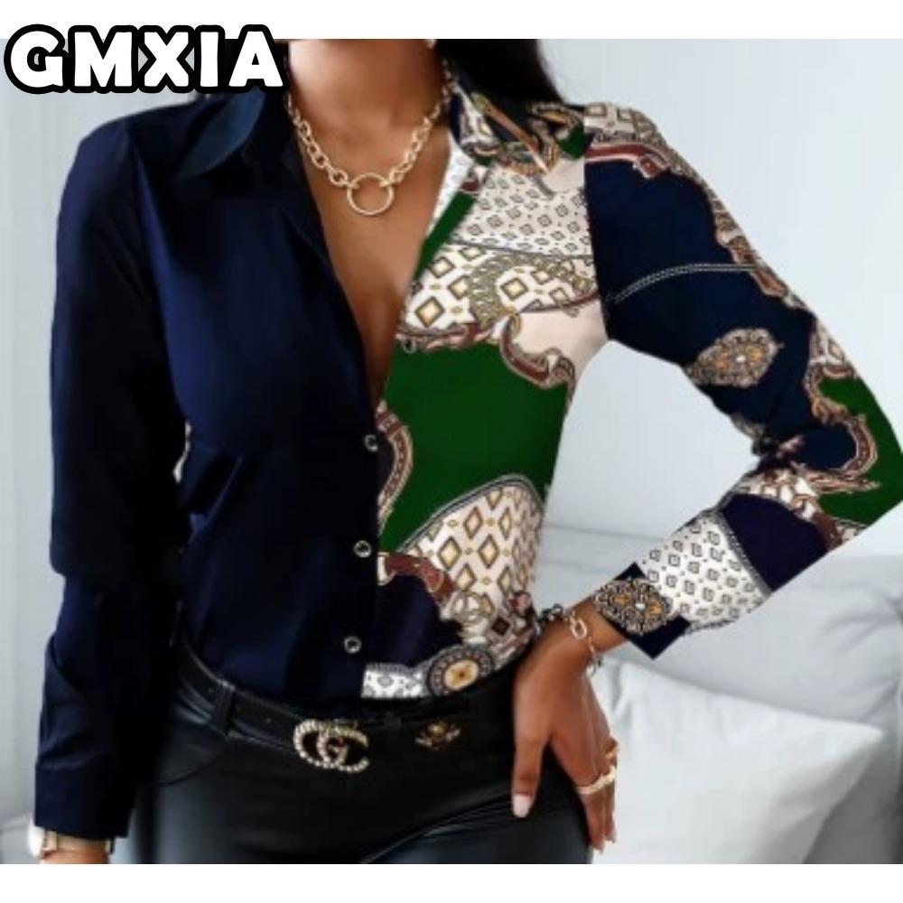 GMXIA Damenmode Lässig Freizeit Einfarbig Druck Langarm POLO Kragen Blusen & Hemden