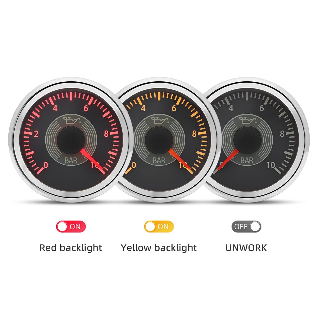0-10 BAR Oil Pres Meter Classic Dial 52mm Oil Pressure Gauge for Marine Auto with Red and Yellow Backlight 12V 24V