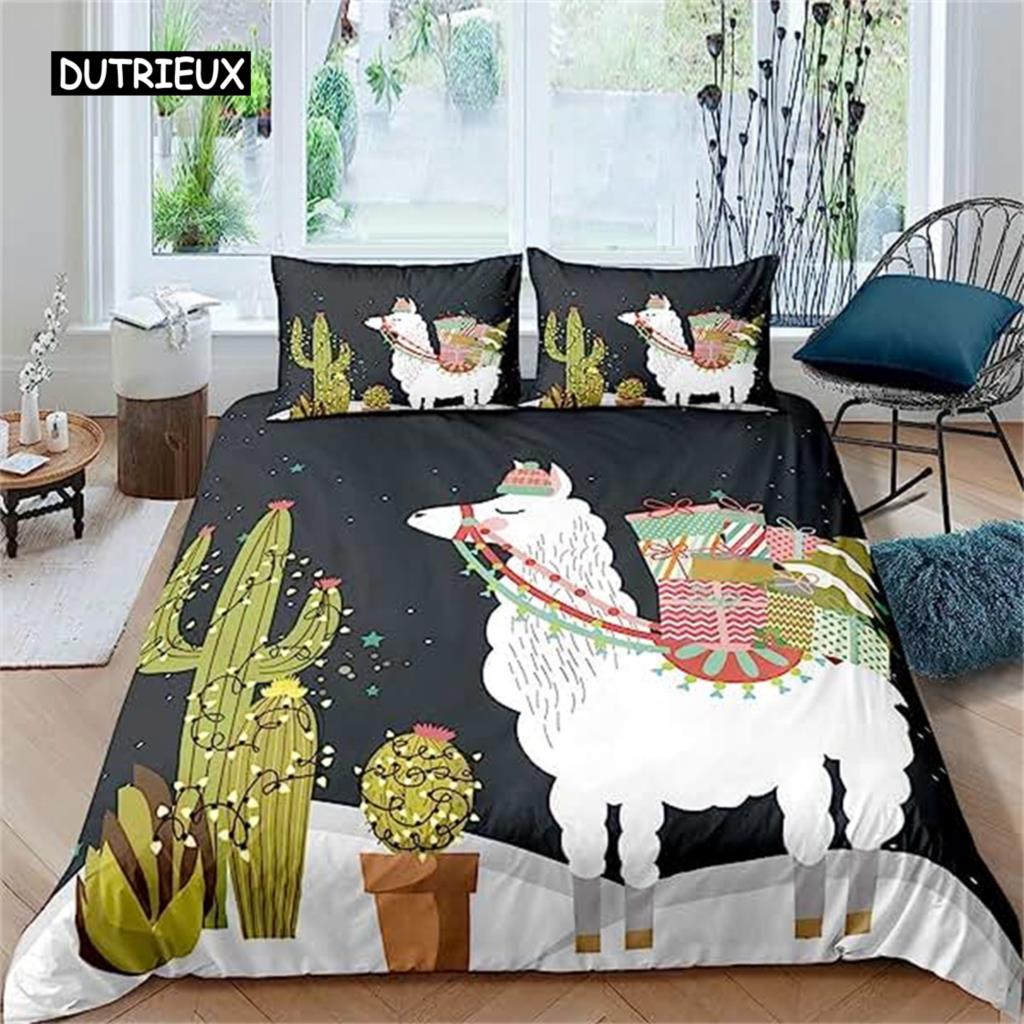 Cartoon Alpaca Duvet Cover Cute Bedding Collection Cartoon Llama Comforter Cover For Boys Girls Teens Animal Theme Bedroom Decor Green