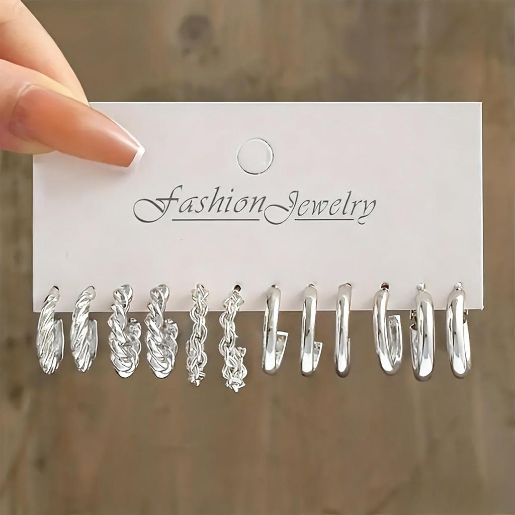 European & American C-Shaped Metal Texture Ear Cuff: Women's Retro Twist Earring Set (6-Piece).
