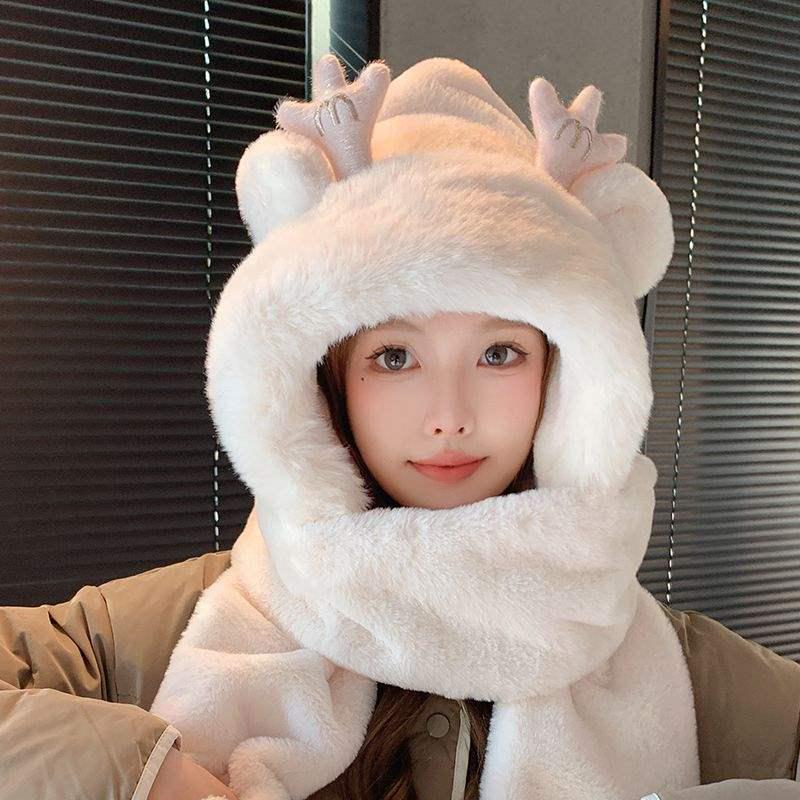 Women's Cute Bear Hooded Scarf Set: Plush Hat, Neck Warmer, and Gloves for Winter