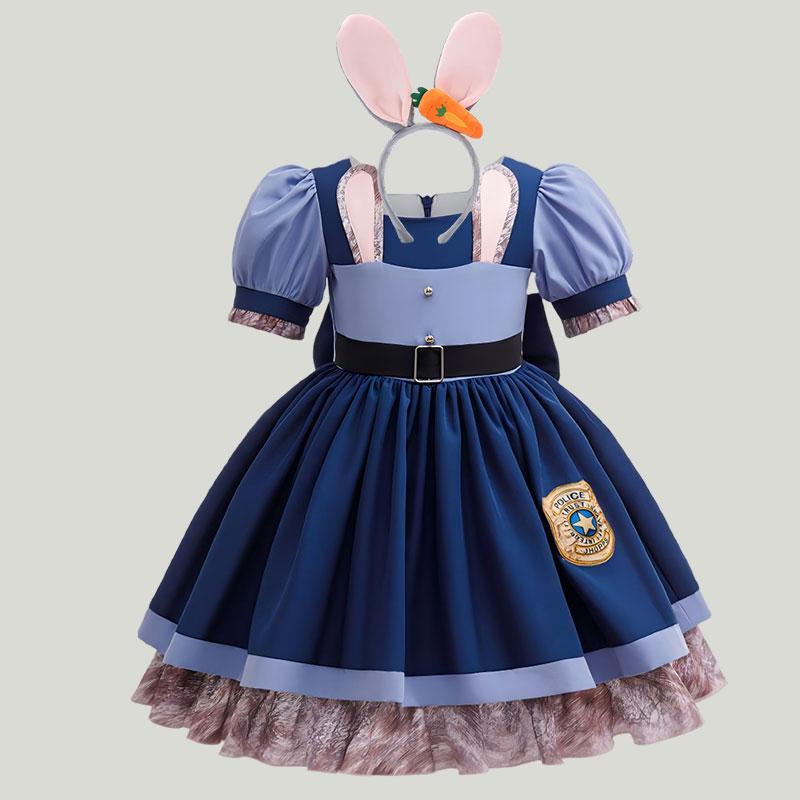 Cute Bunny Judy Costume for Girl Zootopia Role Playing Rabbit Officer Hopps Clothing Halloween Carnival Animal Disguise 2-10 Yrs