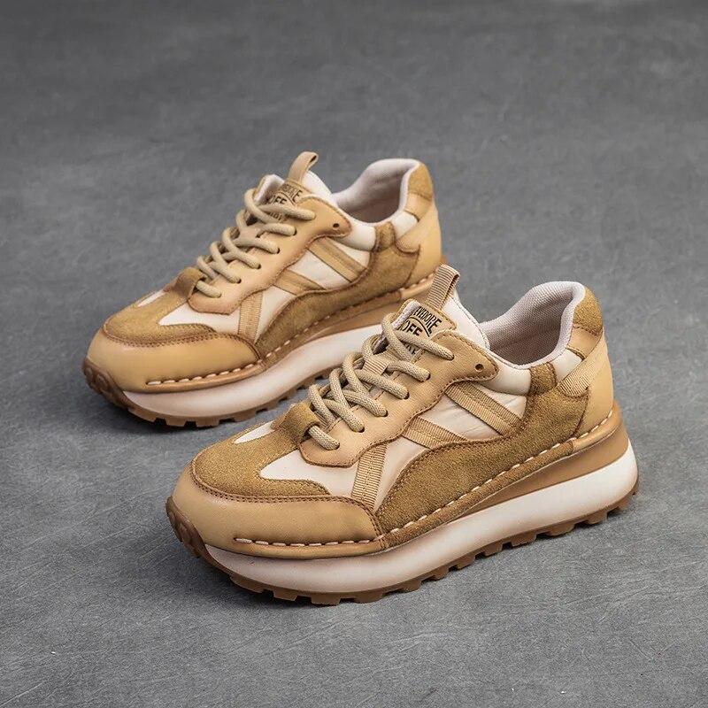 Johnature Genuine Leather Sneakers Casual Sports Shoes Round Toe Lacd-up Retro Versatile Women's Flat Shoes