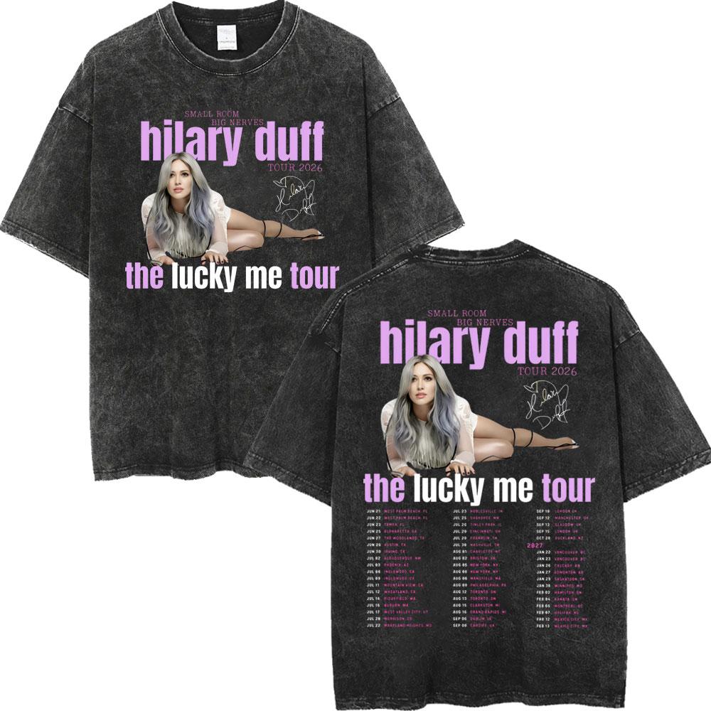 Hilary Duff The Lucky Me Tour Vintage Washed Tshirt Fashion Aesthetic Short Sleeve Tshirts Men Women Casual Loose T Shirt