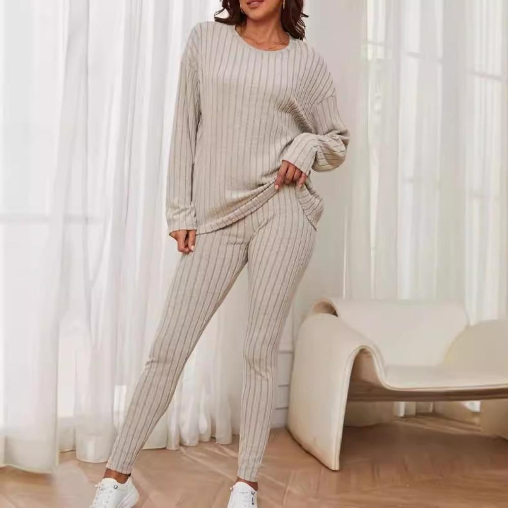 2 Piece Set Women Autumn New Fashion Casual Elegant Loose Crew Neck Ribbed Knit Outfit
