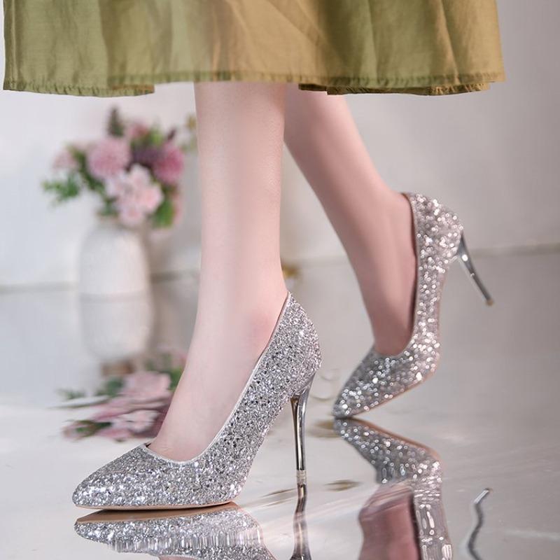 2026 Women High Heels Pumps Wedding Bridal Sparkly Mid Heels Lady Party Sequins Glitter Evening Gold Silver Shoes