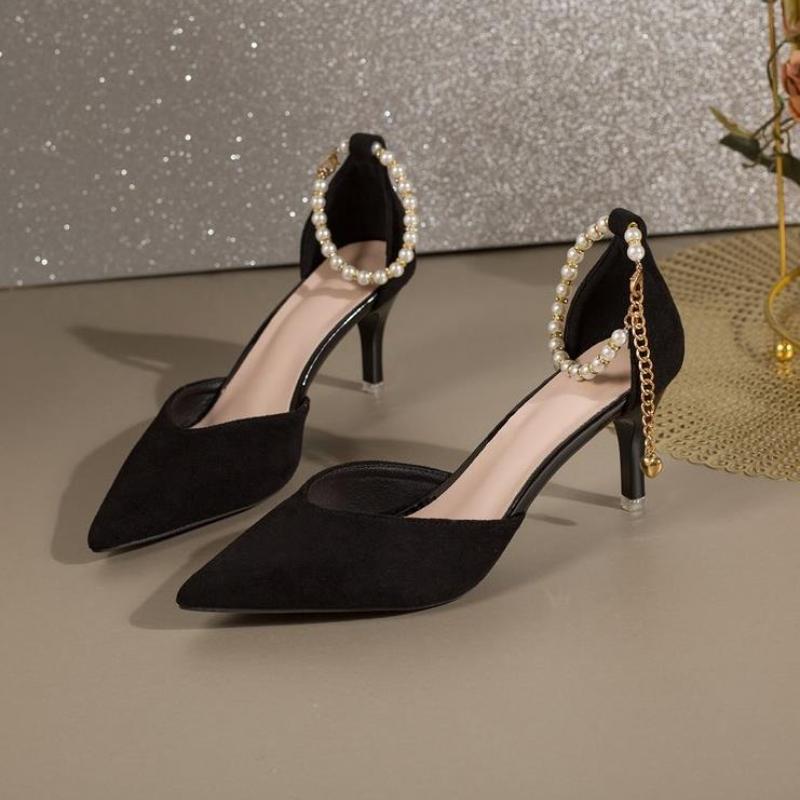 

Французские замшевые туфли-лодочки на шпильке с жемчужной пряжкой Мэри Джейн для женщин 2025 Новые летние элегантные вечерние туфли с закрытым носком на высоком каблуке большого размера 42