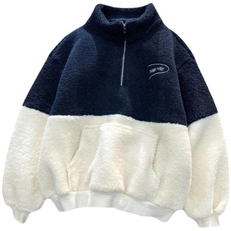 Warm Velvet Women Pullover Sweatshirt Thickened Stand Collar Half Zipper Top