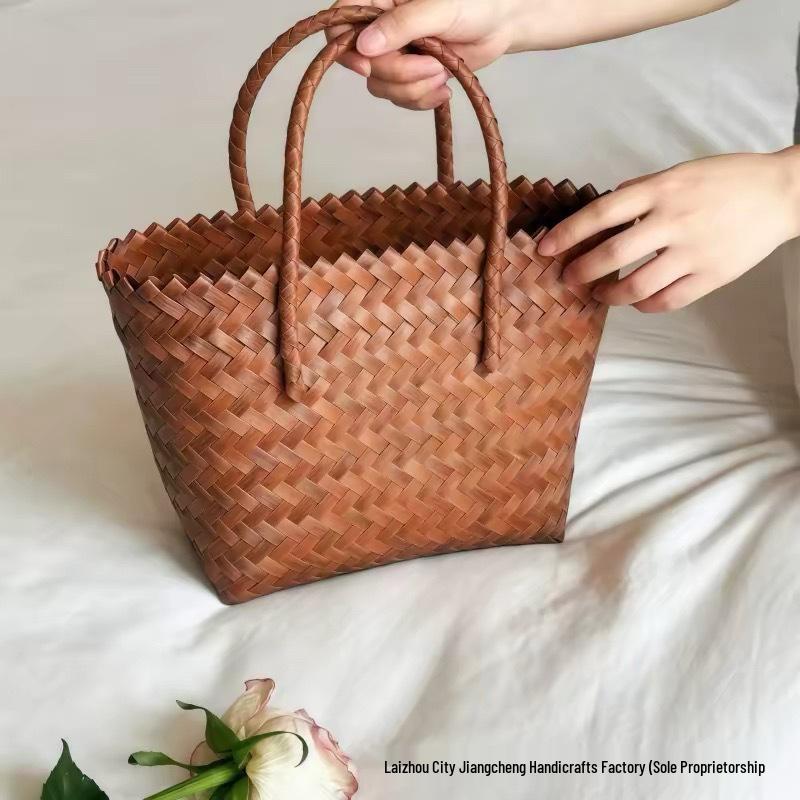 Elegant Handmade Bamboo Woven Tote – Stylish Rattan-Style Beach & Makeup Bag