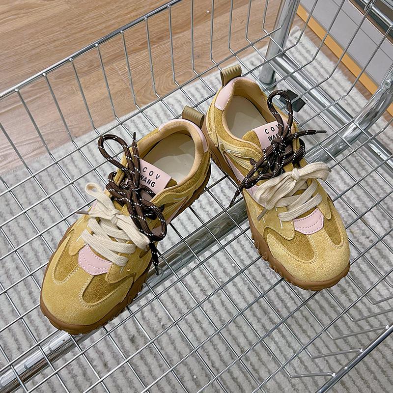 Leather Platform Women's Autumn New Color Matching Double Shoelaces Sports Dad Shoes Casual Women