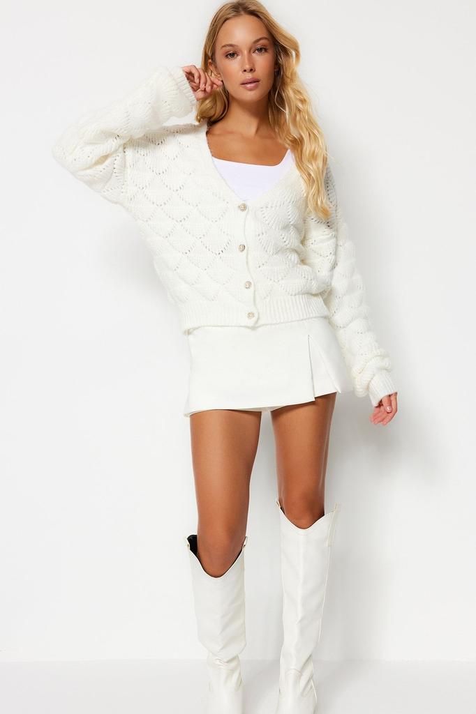 Women's Elegance Style Cardigan Mink Openwork Perforated V-Neck Knitwear Cardigan