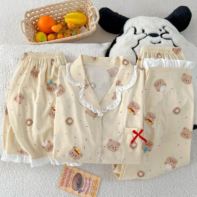 Butter bear wind sweet imitation cotton edge pajamas women's short-sleeved casual three-piece loungewear