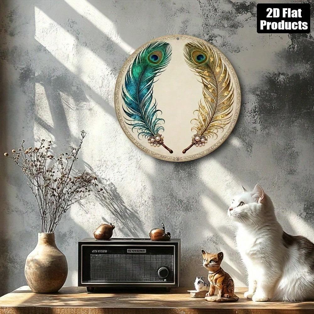 Retro Peacock Feather Round Metal Sign 8x8 Inch Vintage Aluminum Wall Plaque Bar Kitchen Cafe Office Home Decor