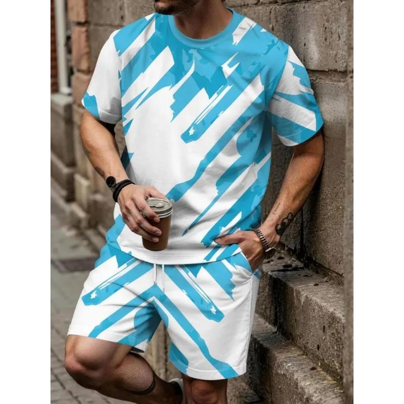 Fashion Men's Casual Suit 3D Casual Color Printing Summer T-shirt Shorts Simple
