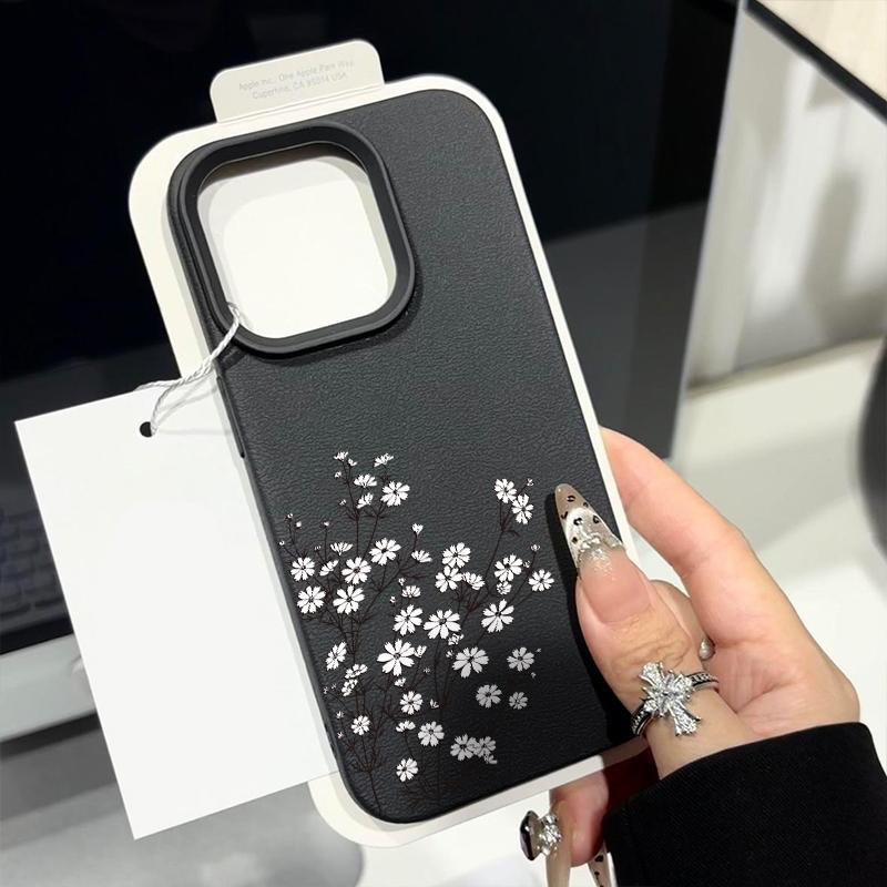 Matte, schlanke Handyhülle mit kleinem weißen Blumendruck für iPhone 16 Pro 15 Pro Max 14 13 12 11, TPU-Ledertextur, weiche, stoßfeste Stoßstangenabdeckung