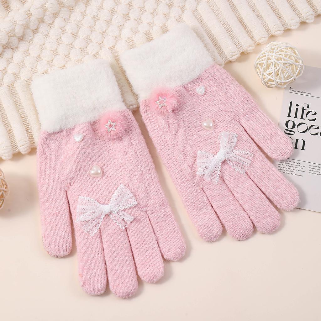 Autumn and Winter Cold and Warm Student Five-finger Gloves Velvet Bow Writing Girl High-value Touch Screen Adult Gloves