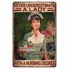 Metal Poster Nurse Quote Wall Art Inspirational Gift for Medical Worker Office Decor Never Underestimate a Lady Tin Sign for Clinic Room