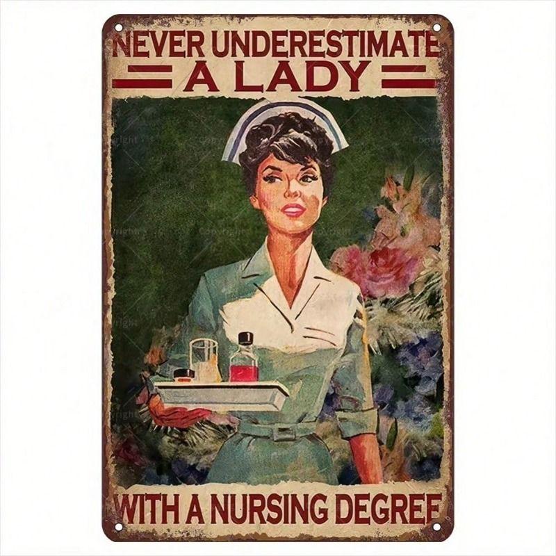 Metal Poster Nurse Quote Wall Art Inspirational Gift for Medical Worker Office Decor Never Underestimate a Lady Tin Sign for Clinic Room
