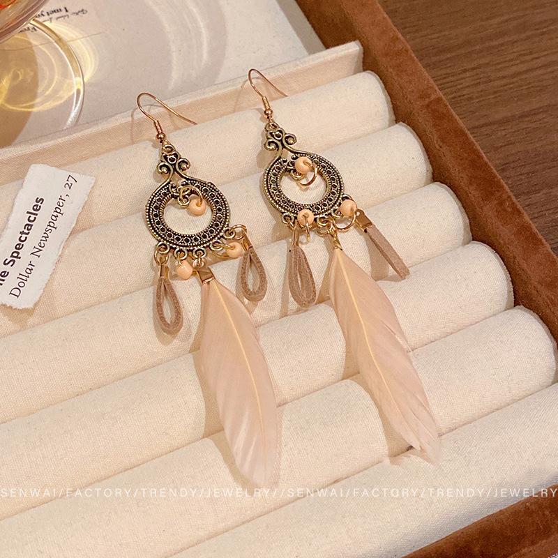 Seaside Vacation Fringed Feather Earrings Women's Long Retro Exotic Ethnic Style Stud Earrings Bohemian Earrings