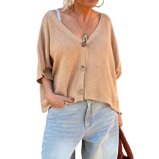 

Женские топы с V-образным вырезом, рукавом до локтя, на пуговицах, с планкой, свободные однотонные летние повседневные трикотажные топы S хаки