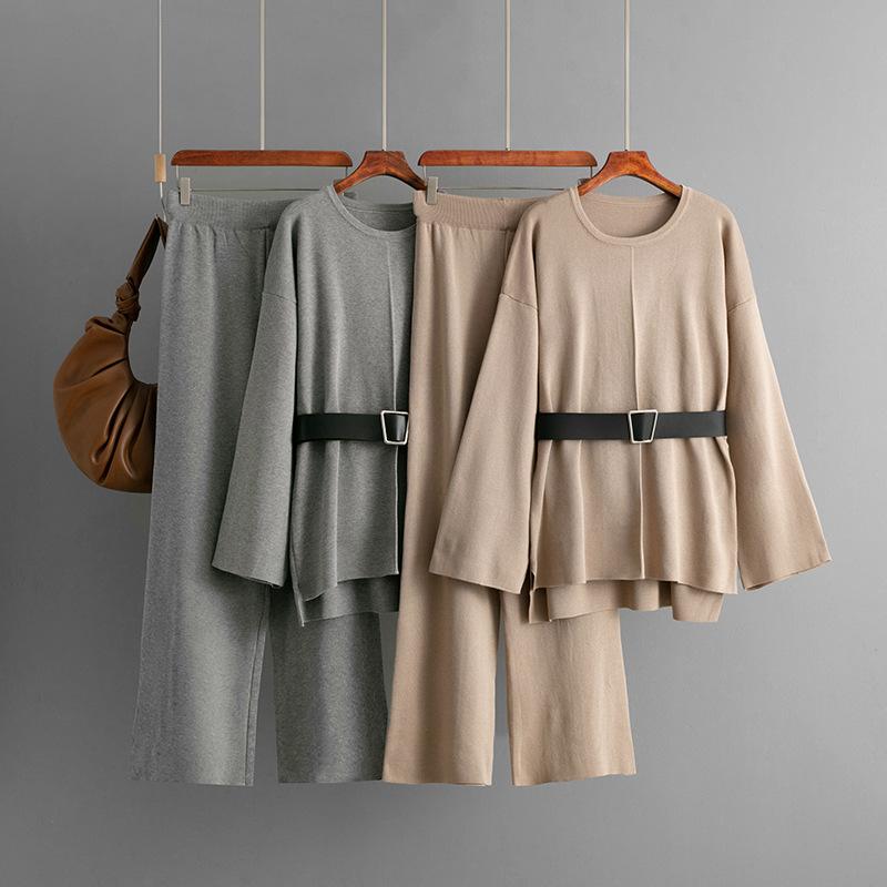 A New Autumn and Winter Fashion Set for Women, Featuring A Knitted Belt Top, Loose High-waisted Wide-leg Pants and Two Pieces