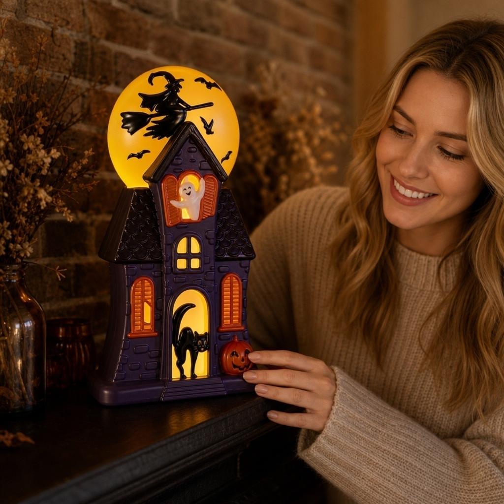 Halloween Haunted House Decoration with Witch Flying on Broomstick Ghost Black Cat Pumpkin and Bats Lighted Halloween Ornament for Indoor Use