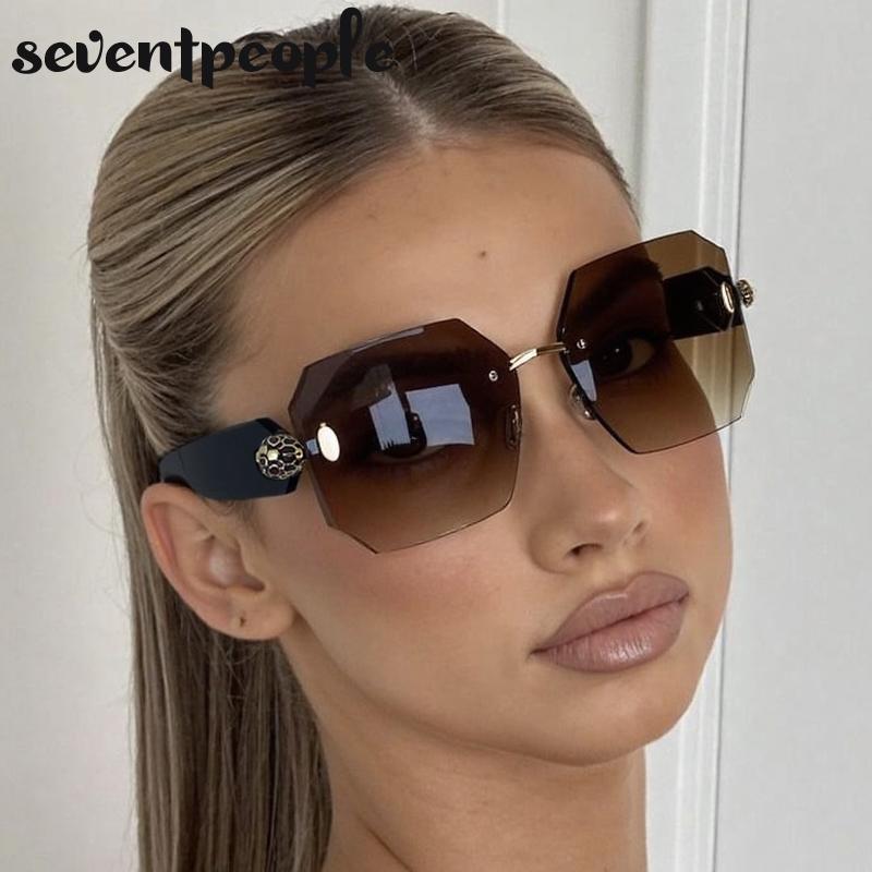 Oversized Rimless Square Sunglasses Women  Luxury Brand Trendy Punk Frameless Sun Glasses For Ladies Vintage Outdoor Shades