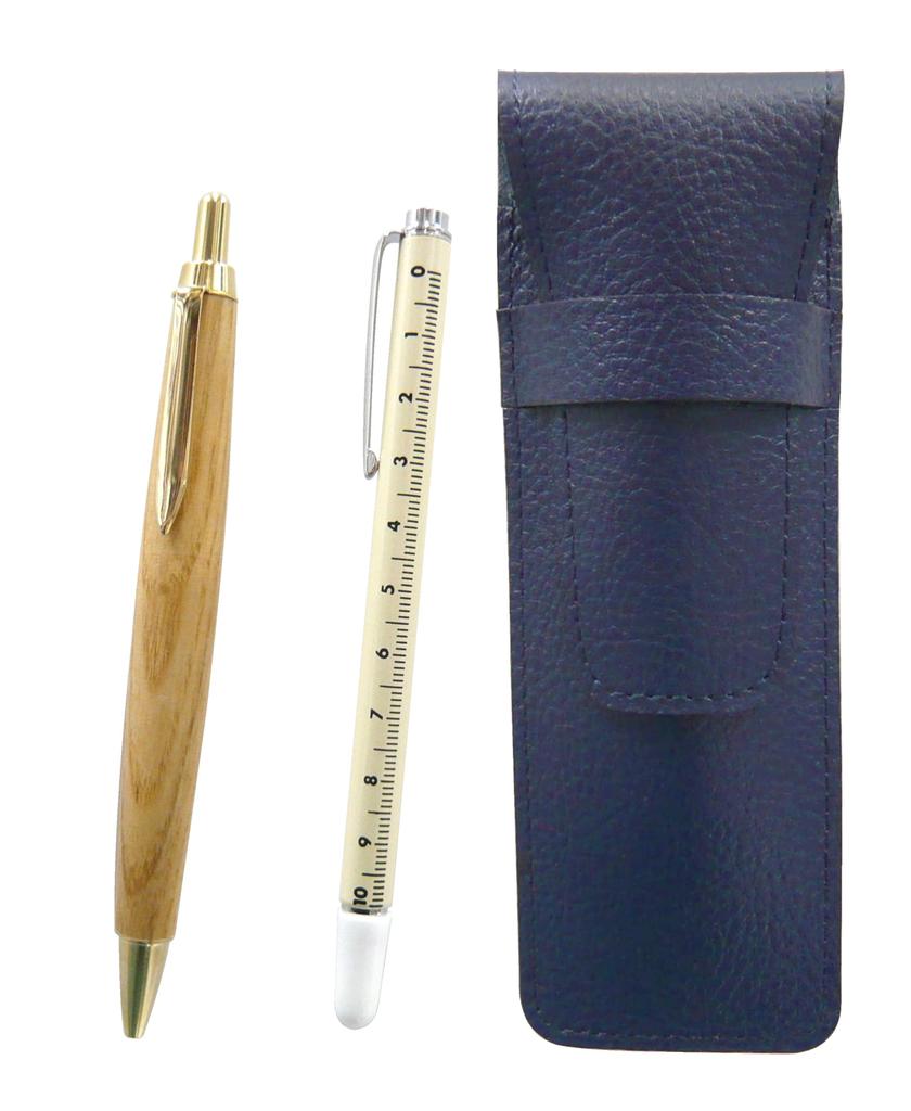 Blue Grained Leather Pen Case with Slide Measuring Stick and Retro Maple Ballpoint Pen Set (SASL-708W-HS47S)