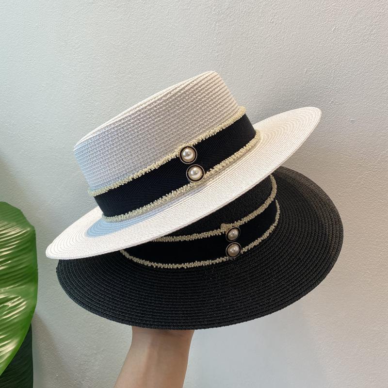 Spring and summer flat top top hat sticker straw woven big eaves hat seaside vacation straw hat sun protection beach hat French sun hat women