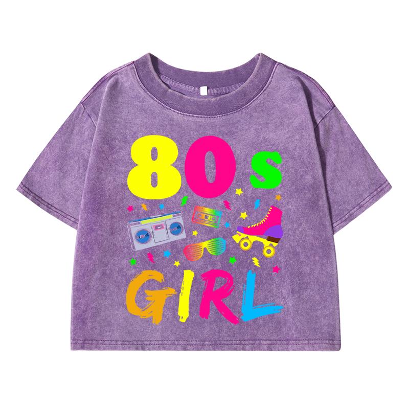 80 S Girl Colorfulprinting Female Washed Short Tshirt Breathable Summer T Shirt Midriff-Baring Distress Tops