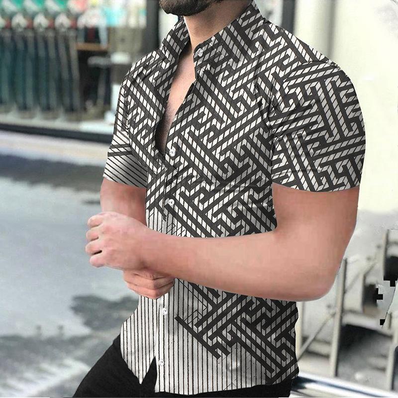 

Summer Fashion Men s Casual Oversized Shirts Turn-down Collar Buttoned Shirt Stripe Print Short Sleeve Tops Party Mens Clothing S