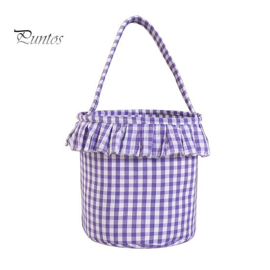 Easter Egg Hunt Carriers Halloween Basket, Plaid Ruffle Trick or Treat Candy Bucket with Handle Celebration Accessories for Kids, Reusable Gingham