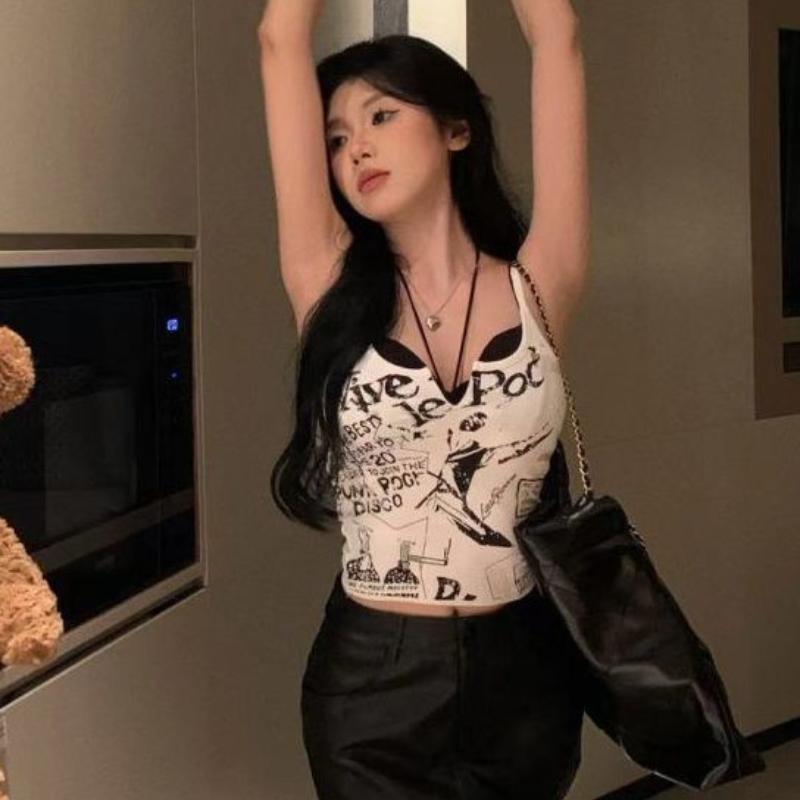 Women Sling Tops Black White T-shirts Sleeveless Inner Tops For Girls Y2K Tops Athletic Vest