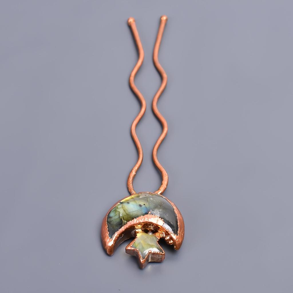 Pierre de lune labradorite naturelle croissant de lune et étoile bijoux faits main bâton de chignon 3,7"/cuivre plaqué or rempli d'or épingle à cheveux cadeau de Noël pour mère
