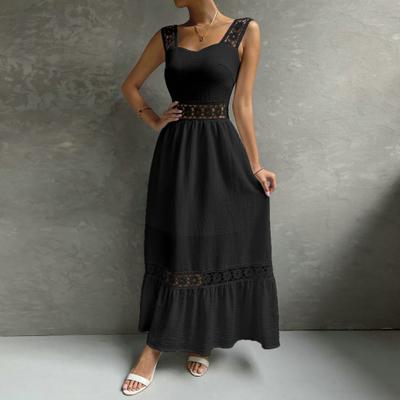 Sleeveless Backless High-Waist Loose Ruffle Hem Solid Color Sling Dress Hollow Out Lace Patchwork A-Line Dress