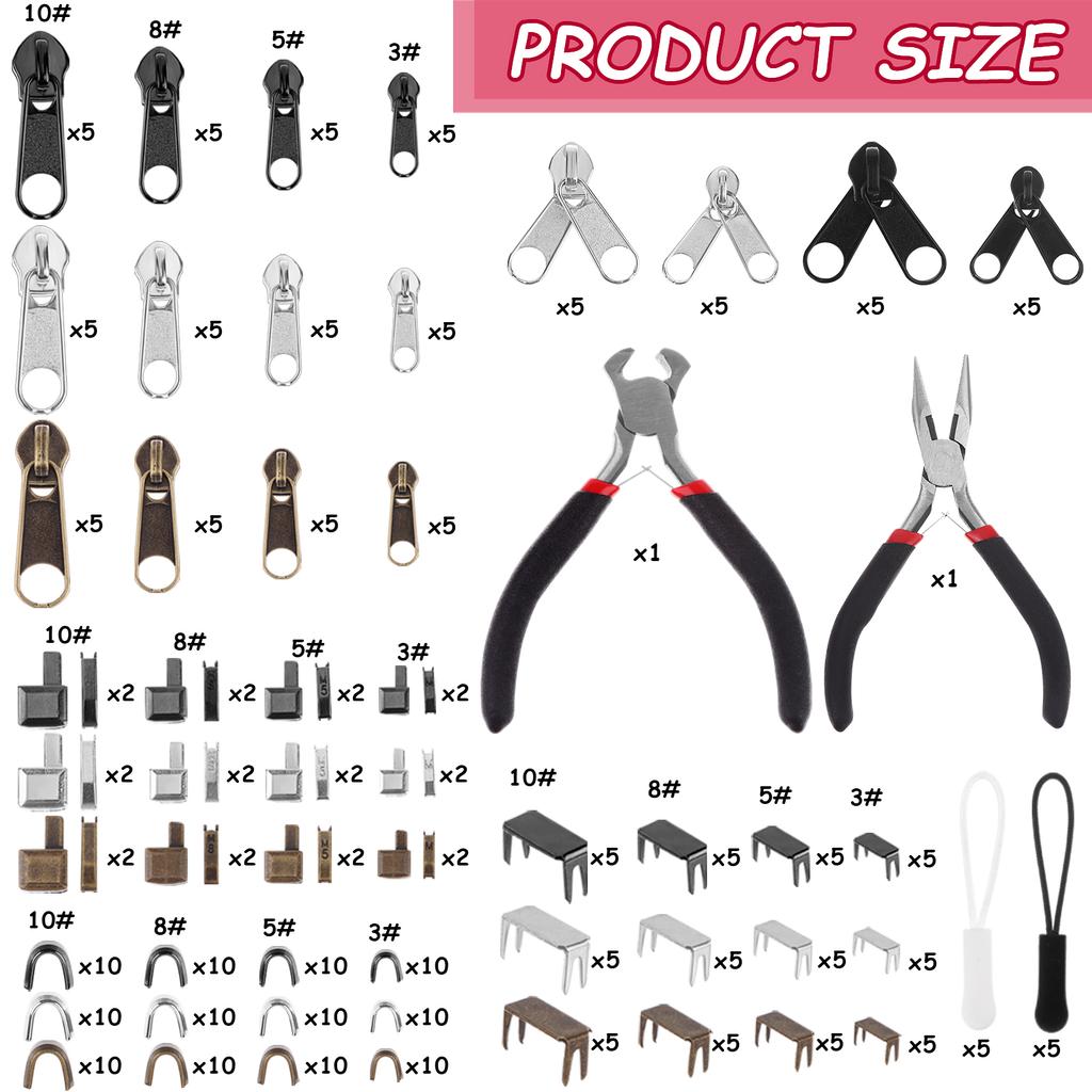 296 Stück Reißverschluss-Reparaturset Ersatz-Reißverschlussanhänger mit Metall-Reißverschlussriegel Schieber Reißverschlussstopper Halter Einführstifte Reißverschlussverlängerung