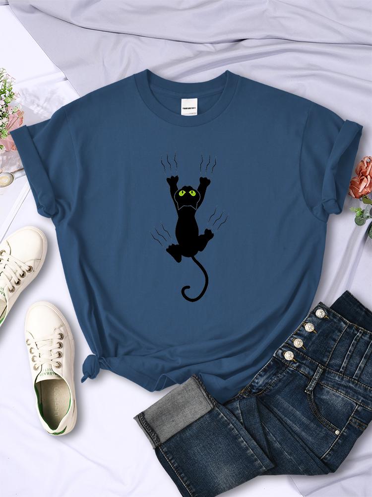 Naughty Black Cat Printed Women Tee Clothing Casual Breathable Short Sleeve Vintage Summer O-Neck Tops Fashion Womans T-Shirts