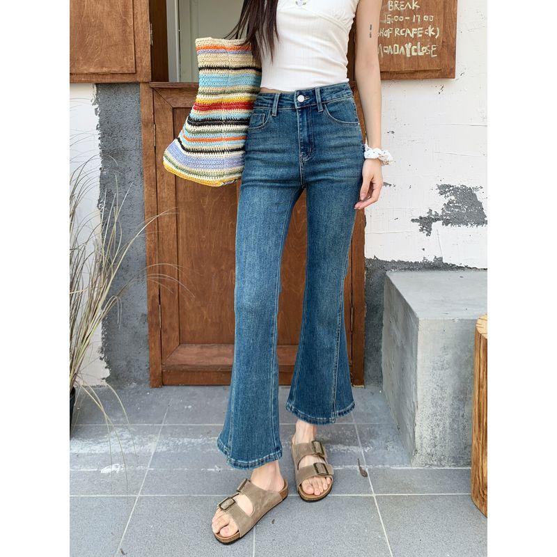 

Kumikumi Retro Worn Looking Washed-out Denim Bootcut Trousers Women s Autumn Stretch High Waist Horseshoe Pants Cropped Pants Dark Blue XL