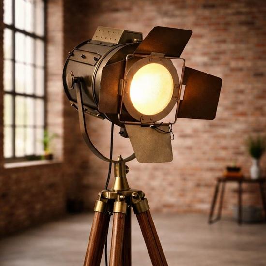 Brass Tripod Floor Lamp, Studio Spotlight Lamp, Wooden Searchlight, Industrial Nautical Decor