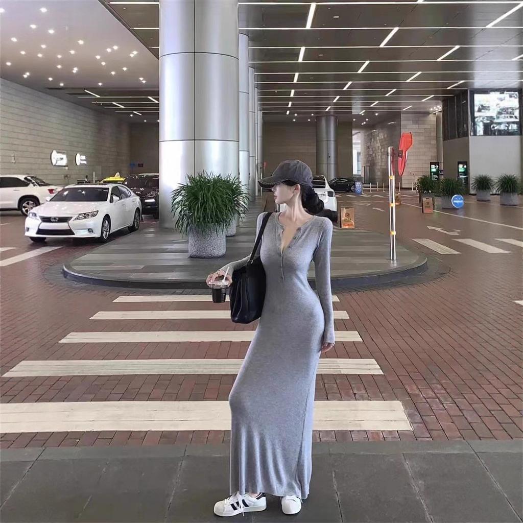High-end Korean Version of Long-sleeved Knitted Dress, Slim-fitting Temperament Hip-wrapped Skirt, Casual Waist and Thin Skirt
