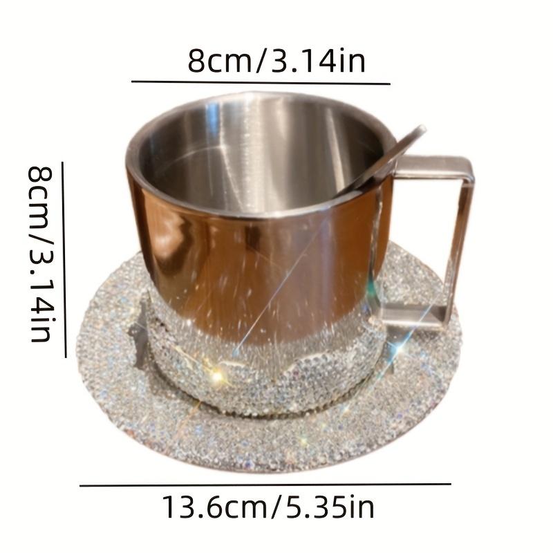 Rhinestone Coffee Cup Set with Saucers Shimmering Stainless Steel Insulated Mugs  Dessert Plates for Americano Latte Cafe Gift