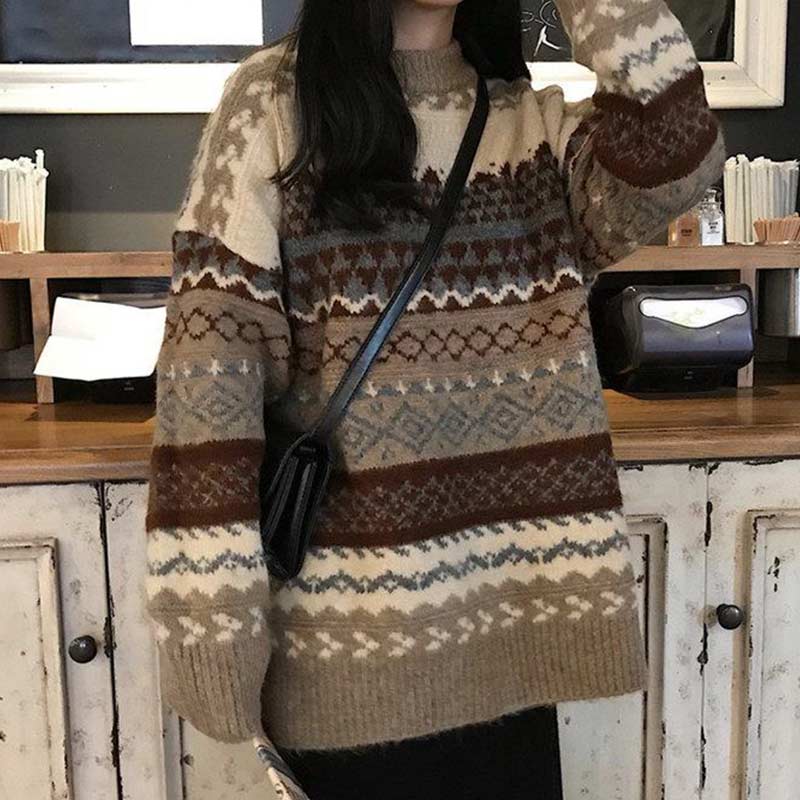 Pull Femme Col V Noël - Motif Norvégien Vintage - Chaud Et Oversize - Grandes Tailles