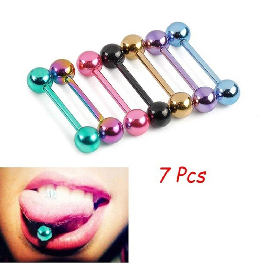 7pcs Lot Titanium Plated Tongue Rings Bars Stainless Steel Body Jewelry Trendy Girls Piercing Barbells