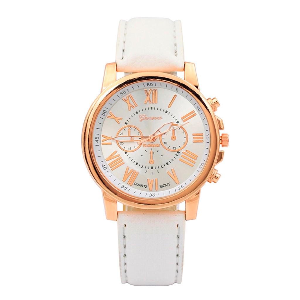 

Geneva Three Subdial Ladies Watch Faux Leather Strap Quartz Movement Roman Numerals Analog Display Fashion Casual Wristwatch