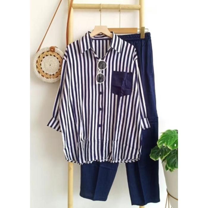 Damen Sommer Locker Übergröße Pendleranzug Gestreiftes Freizeithemd + Hose Dünnes Bequemes Zweiteiliges Set