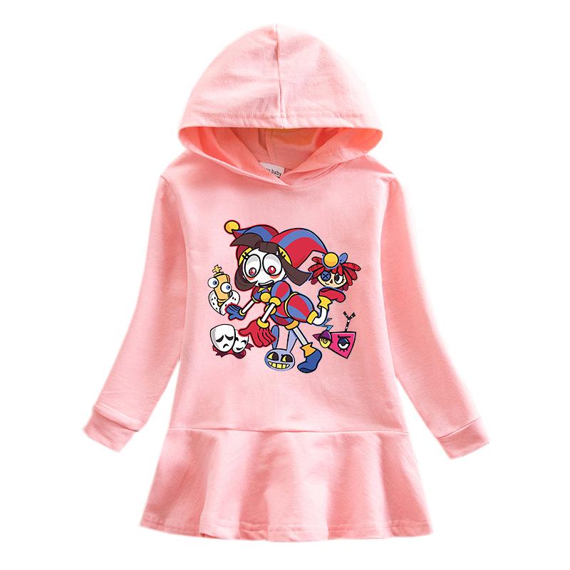 2026 Spring/Autumn Girls' Ruffle Cartoon Rainbow Hooded Princess Long Sleeve Dress