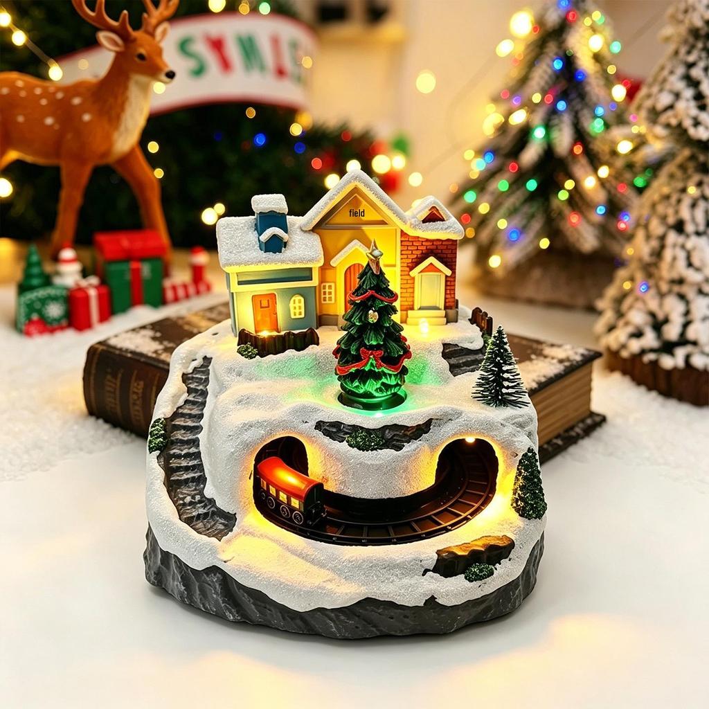 Luminous Christmas Snow Scene Train Ornament with Rotating Cabin Music Box